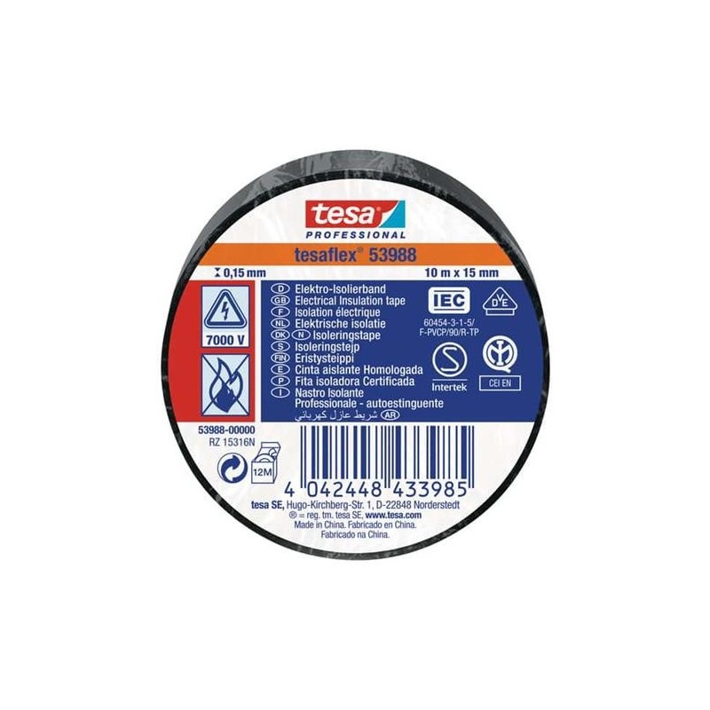 CINTA AISLANTE PROFESIONAL 10 M X 15 MM NEGRO